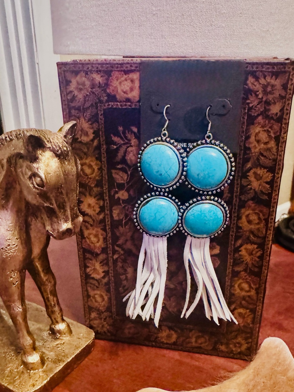 New! Idyllwind turquoise double-cabochon fringe earrings with white tassels